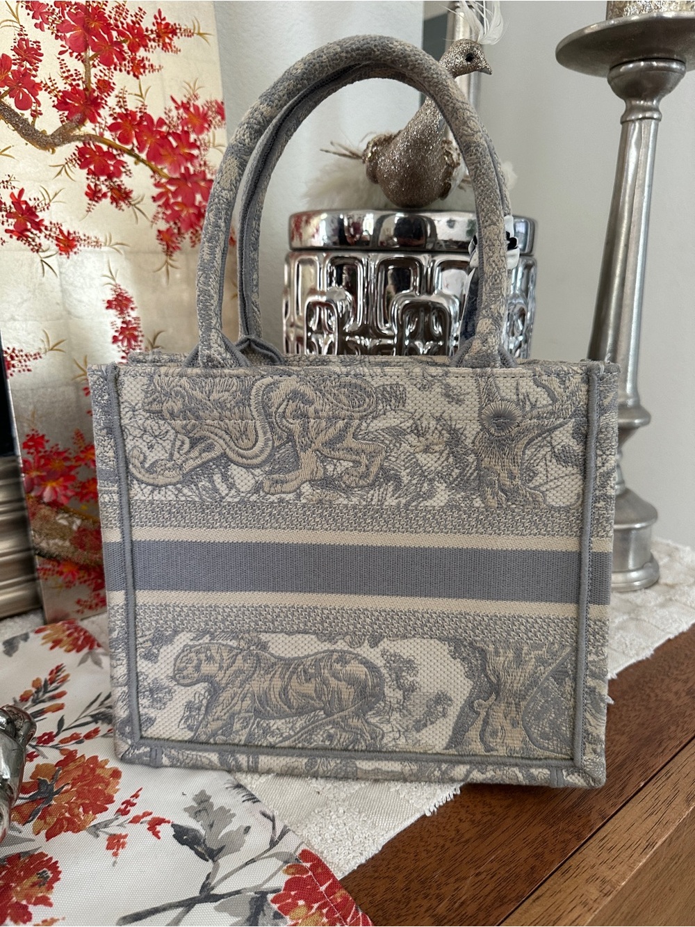 Mini Gray and Cream Patterned Tote Bag